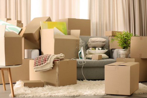 Moving day preparation with labelled boxes and packing supplies